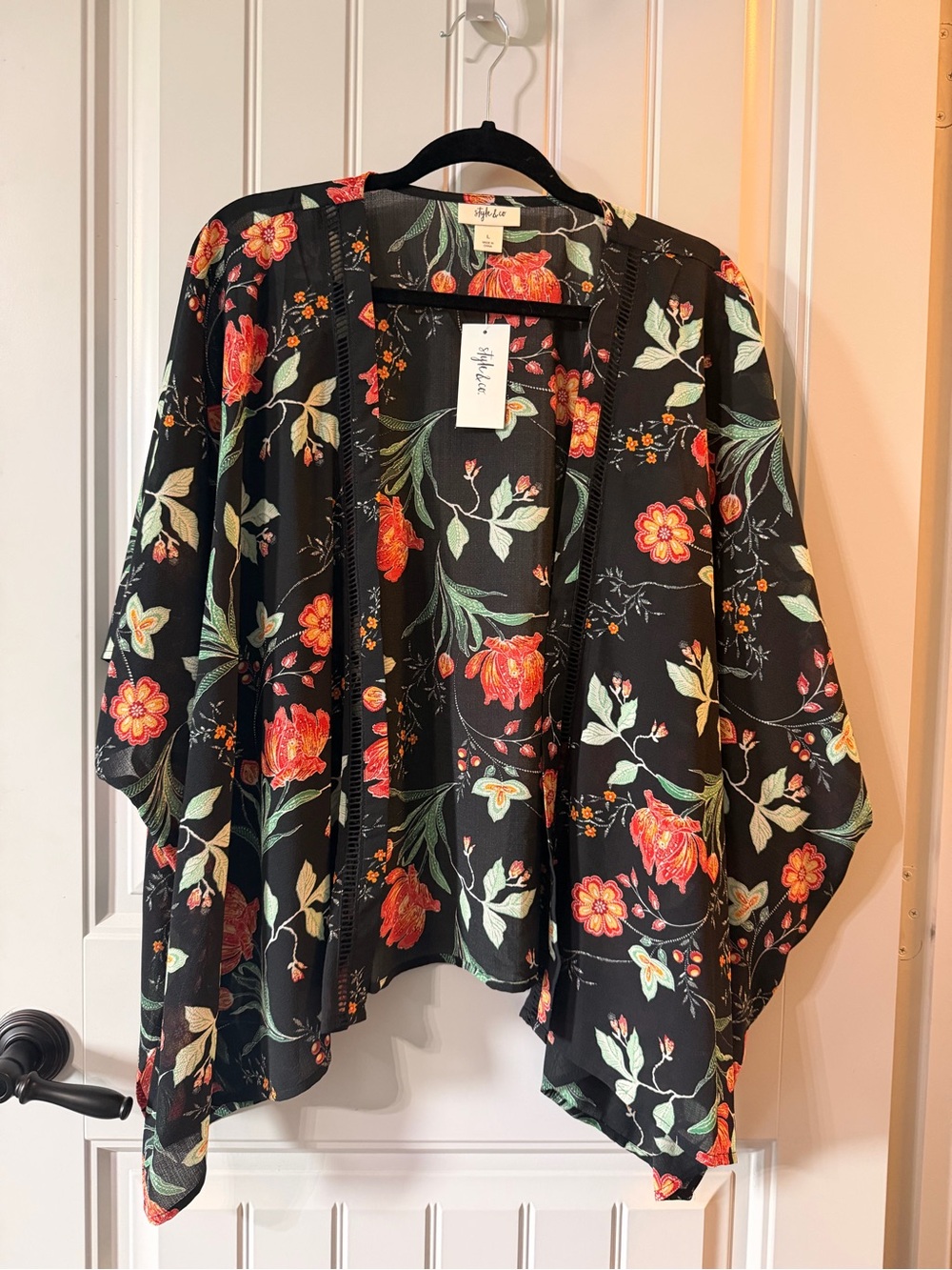 Style & Co. Black Floral Kimono Jacket - Red & Green Floral